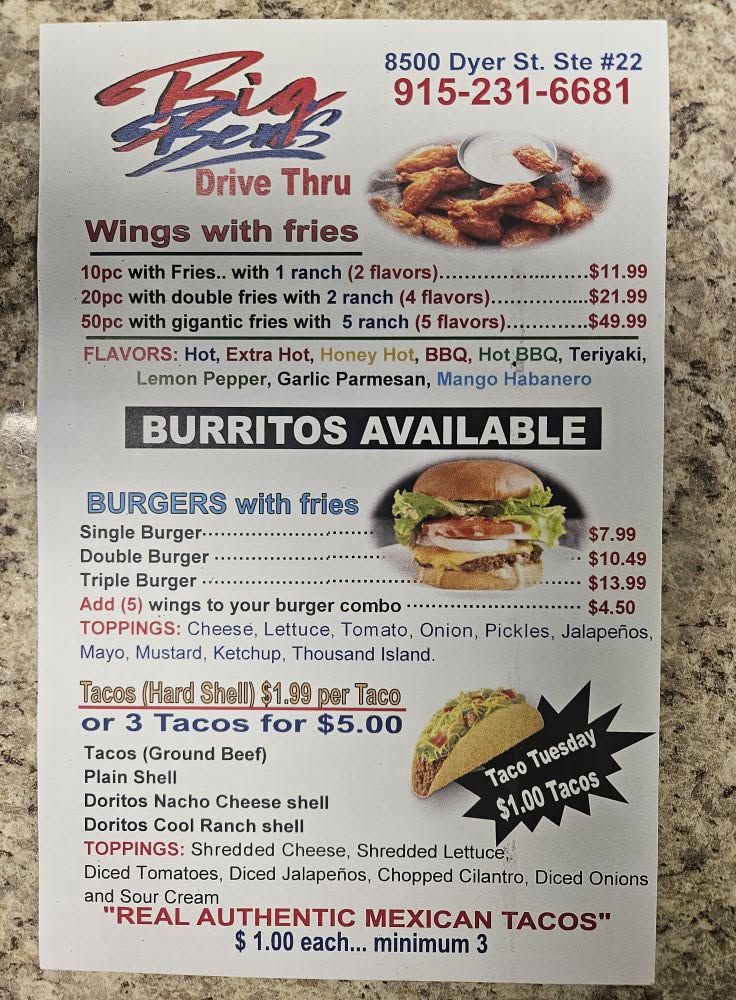 Sunrise Mini Mart printed menu — full price list